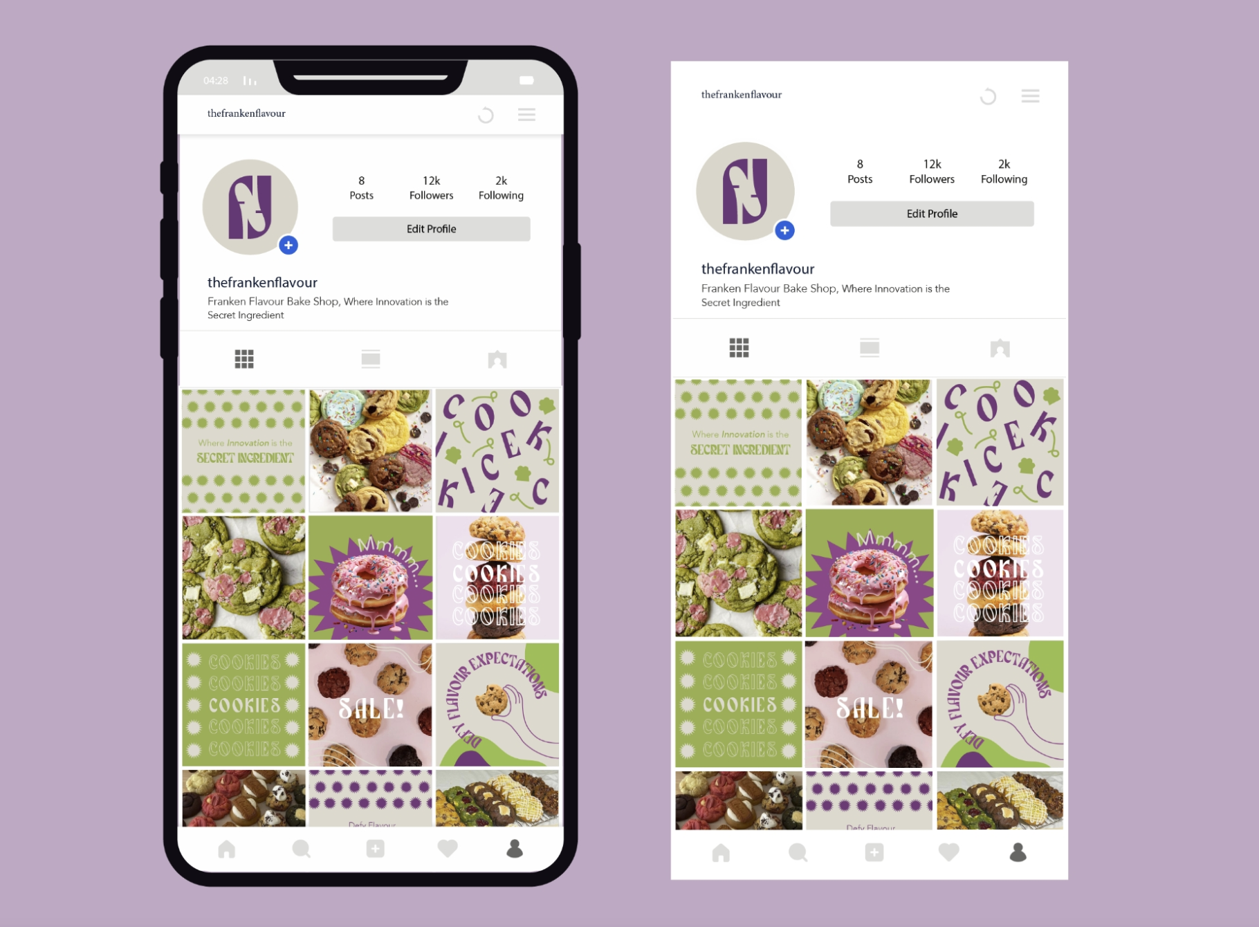 Franken Flavour Instagram profile mockups on phone and desktop showing the logo avatar and cookie feed