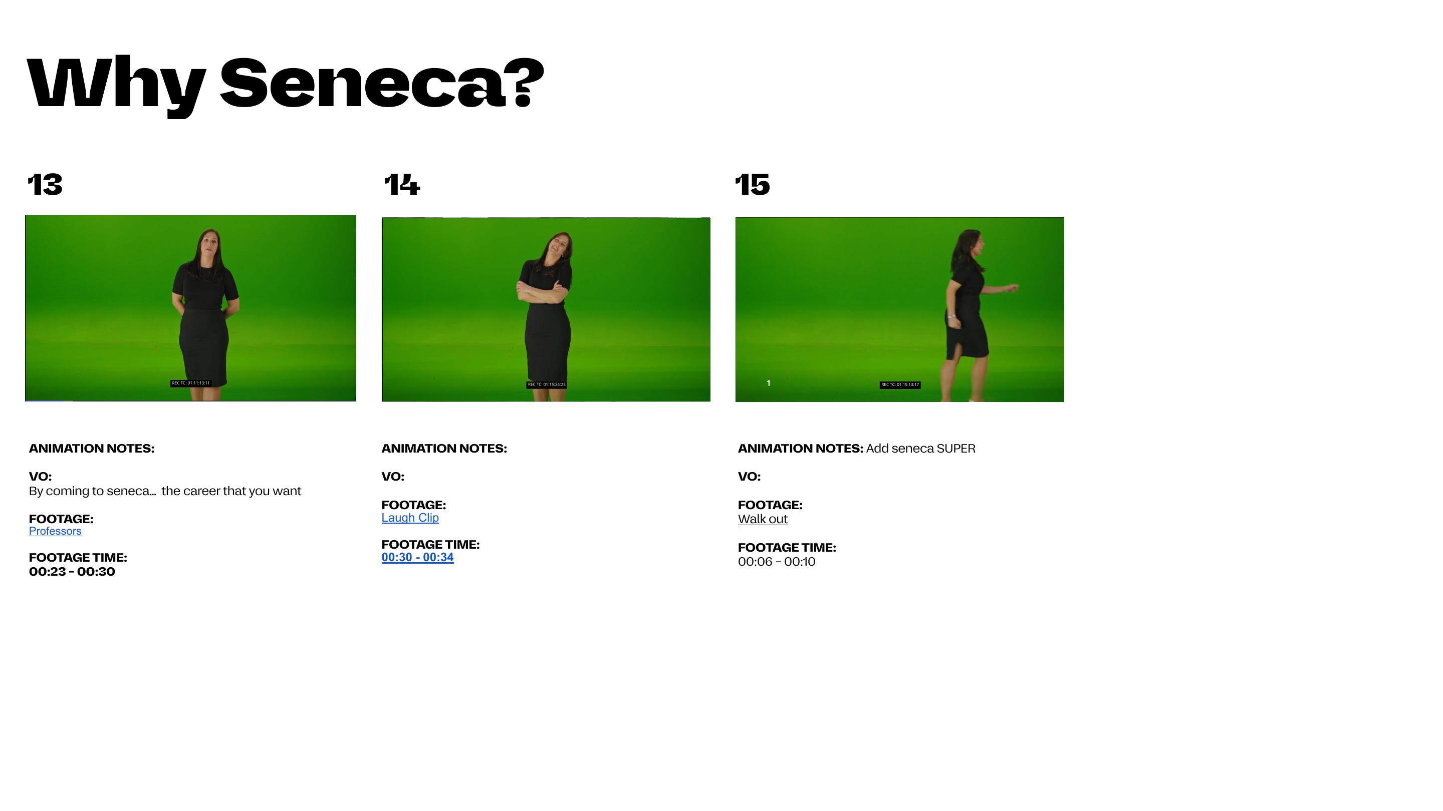 Why Seneca? storyboard page with frames, animation notes, voiceover, footage and timing