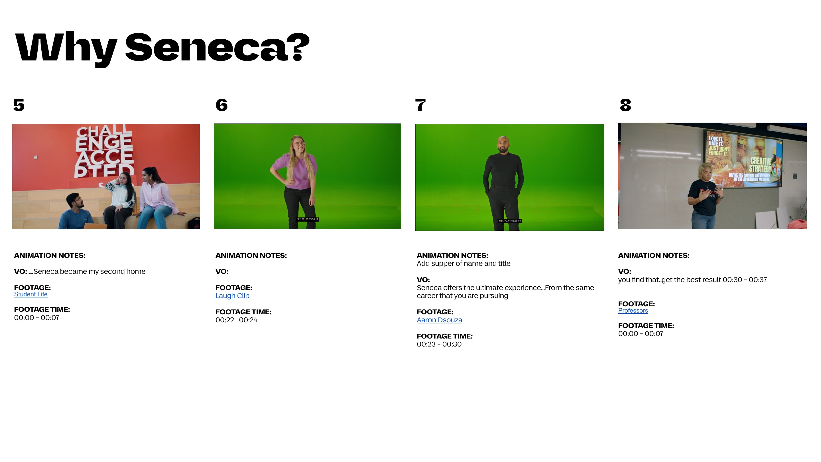 Why Seneca? storyboard page with frames, animation notes, voiceover, footage and timing