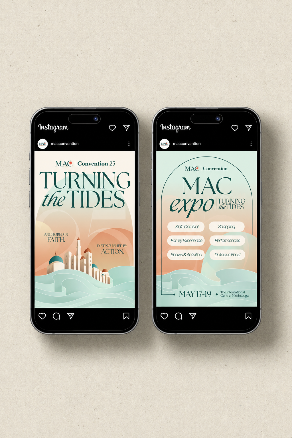 MAC Convention Turning the Tides Instagram posts on two phones