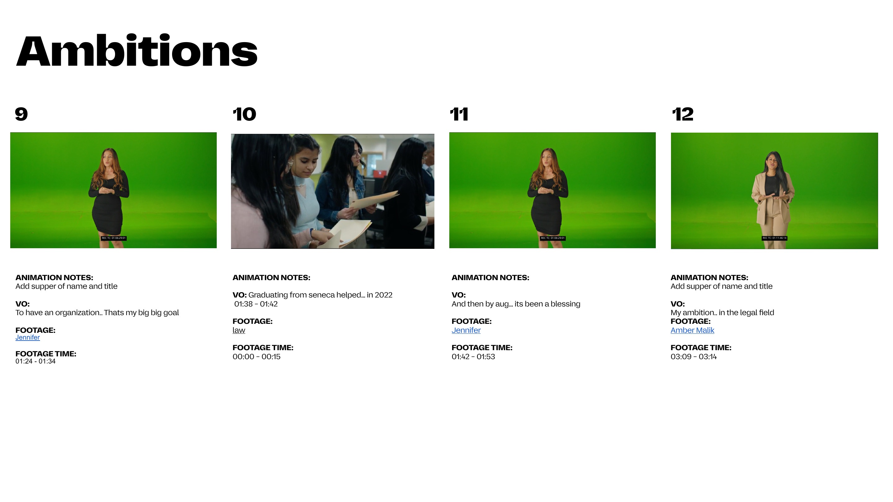 Why Seneca? storyboard page with frames, animation notes, voiceover, footage and timing