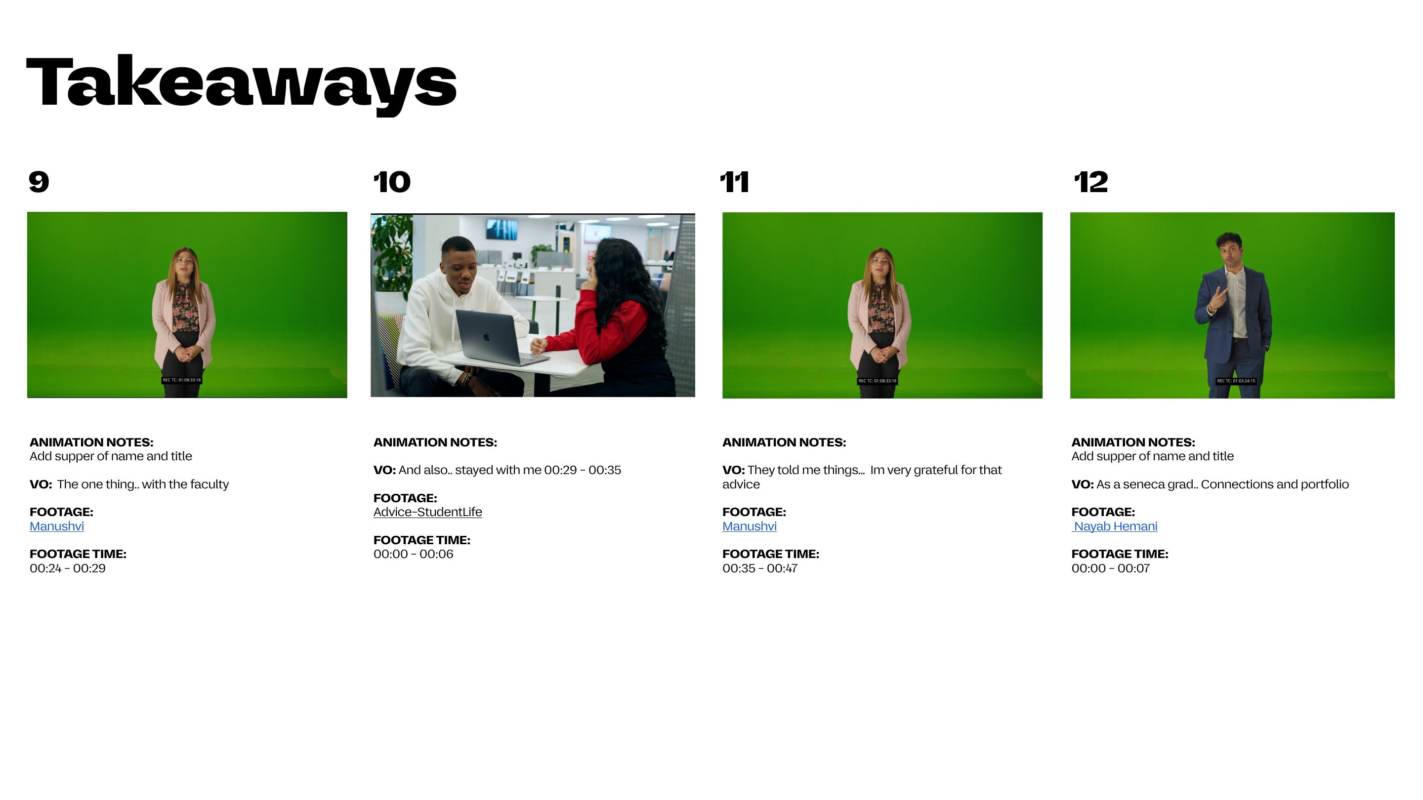 Why Seneca? storyboard page with frames, animation notes, voiceover, footage and timing