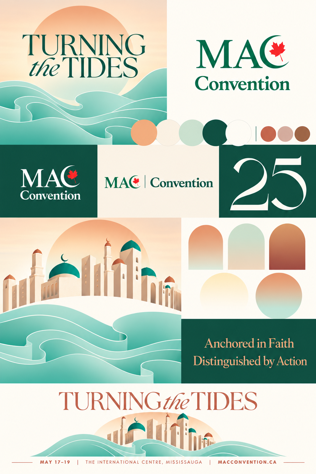 MAC Convention 25th anniversary visual identity board with logo lockups, palette and wave illustrations