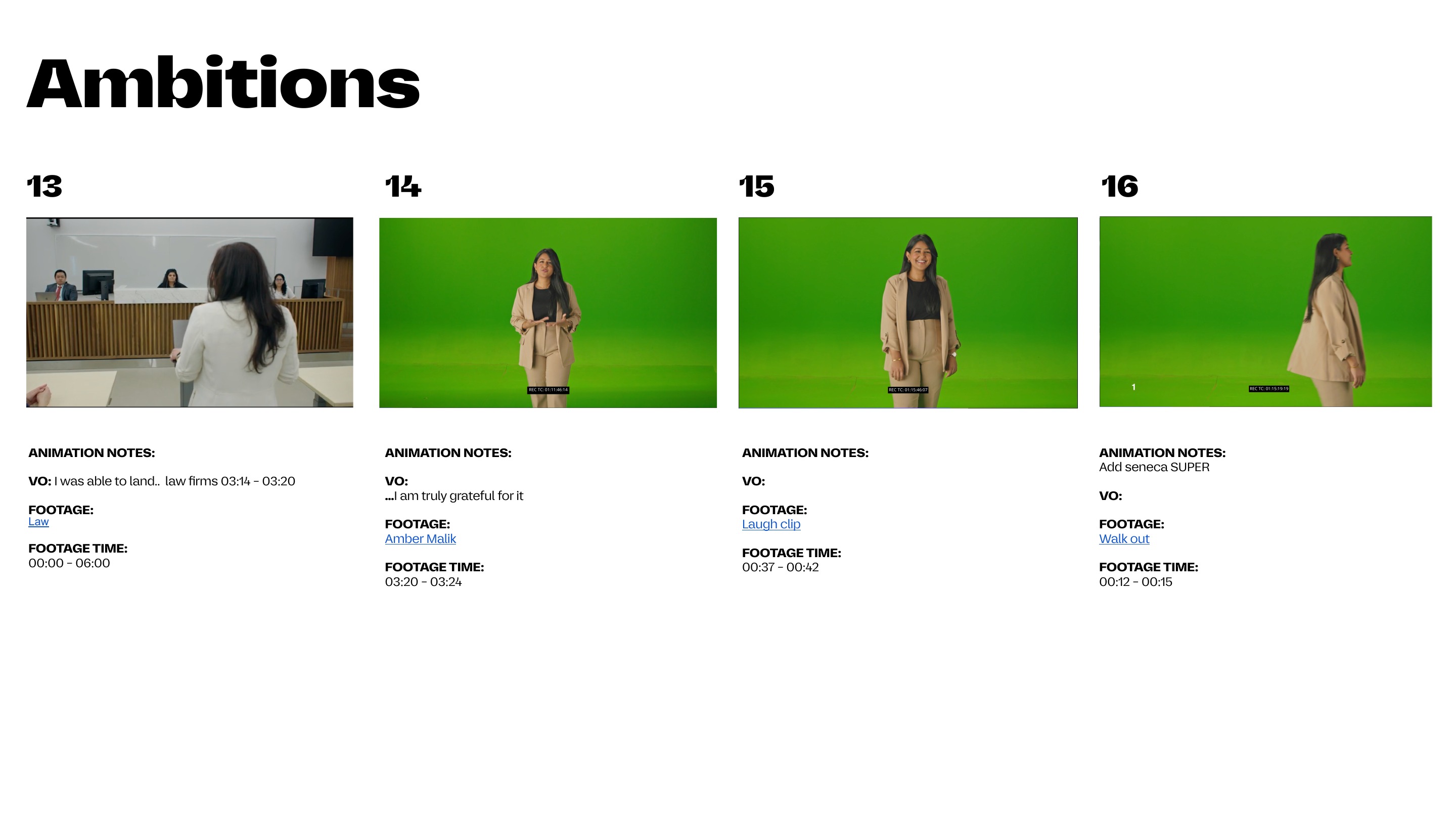 Why Seneca? storyboard page with frames, animation notes, voiceover, footage and timing