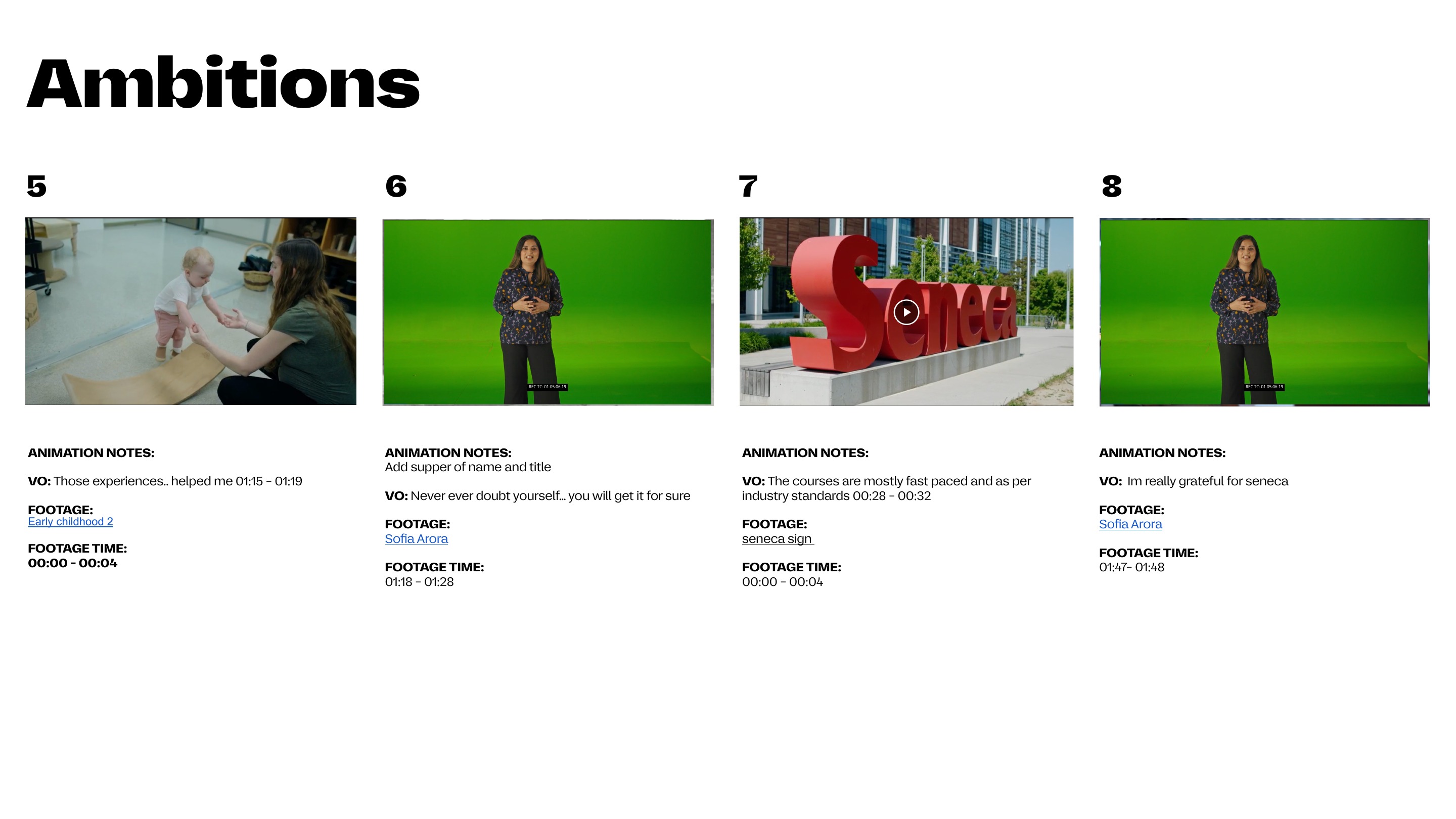 Why Seneca? storyboard page with frames, animation notes, voiceover, footage and timing