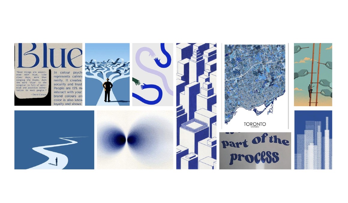Final moodboard for Career Pathway Hub with blue-toned imagery representing clarity, structure and guidance