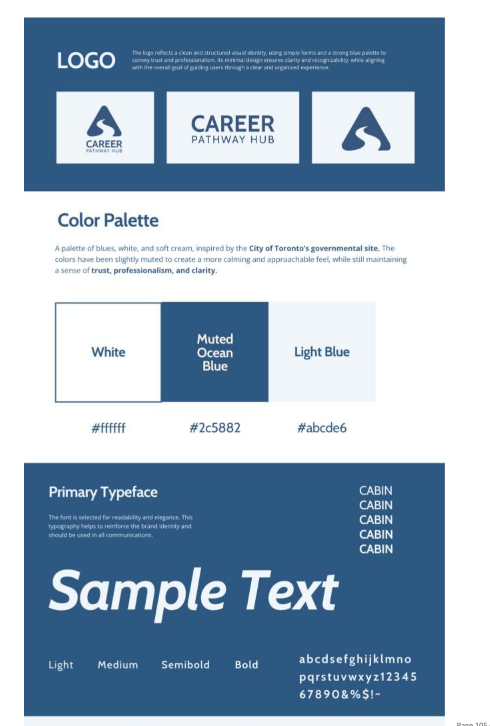 Style tile showing the Career Pathway Hub logo, muted ocean blue colour palette, and Cabin typeface samples