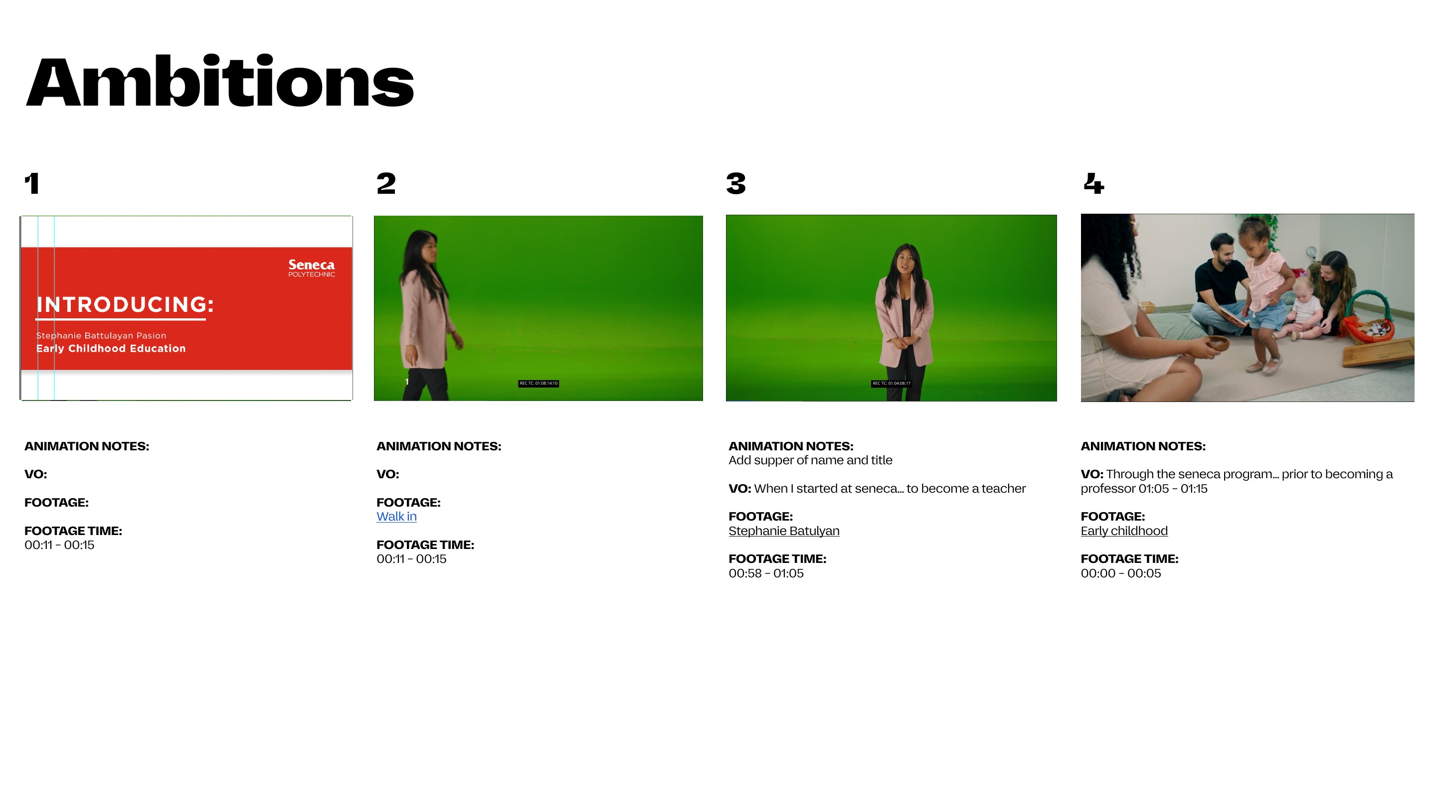 Why Seneca? storyboard page with frames, animation notes, voiceover, footage and timing