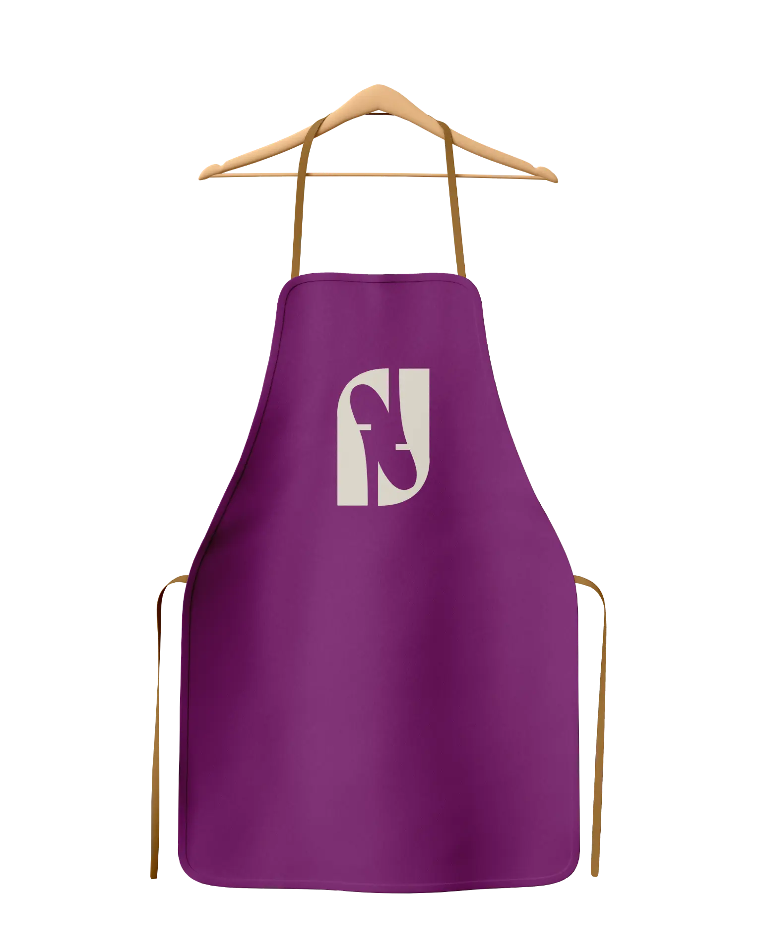 Purple Franken Flavour apron on a hanger with cream monogram logo