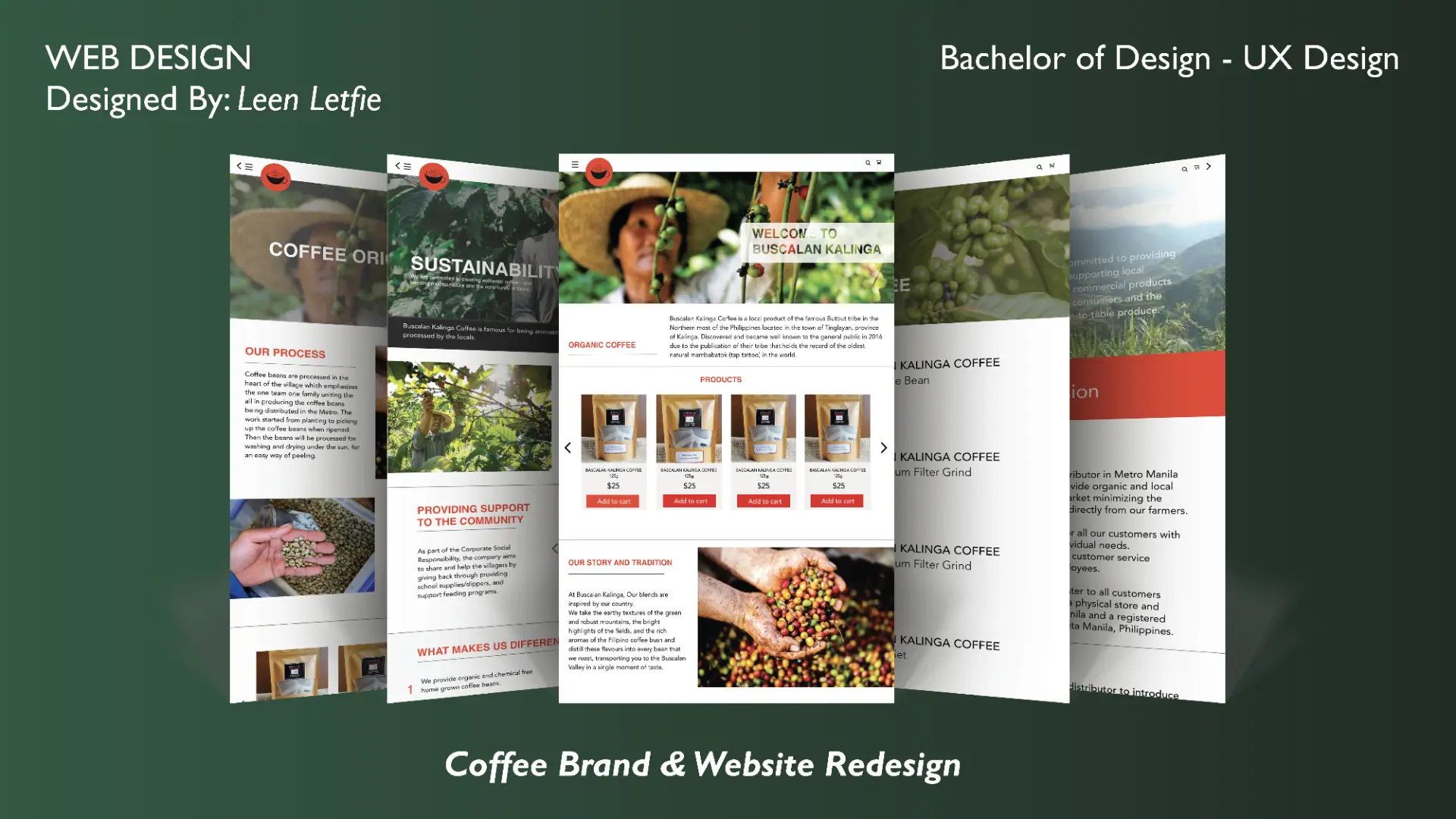 Buscalan Kalinga mobile website screens fanned across a deep green background, showing welcome, coffee origins, sustainability and product pages