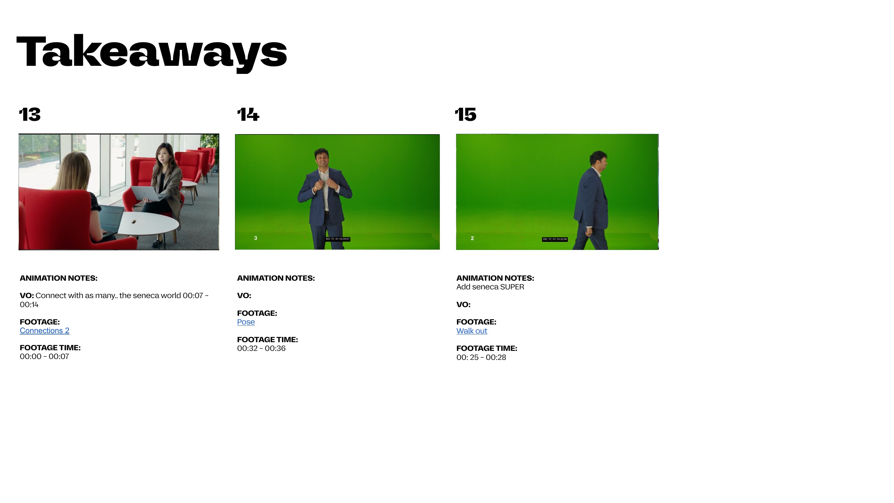 Why Seneca? storyboard page with frames, animation notes, voiceover, footage and timing