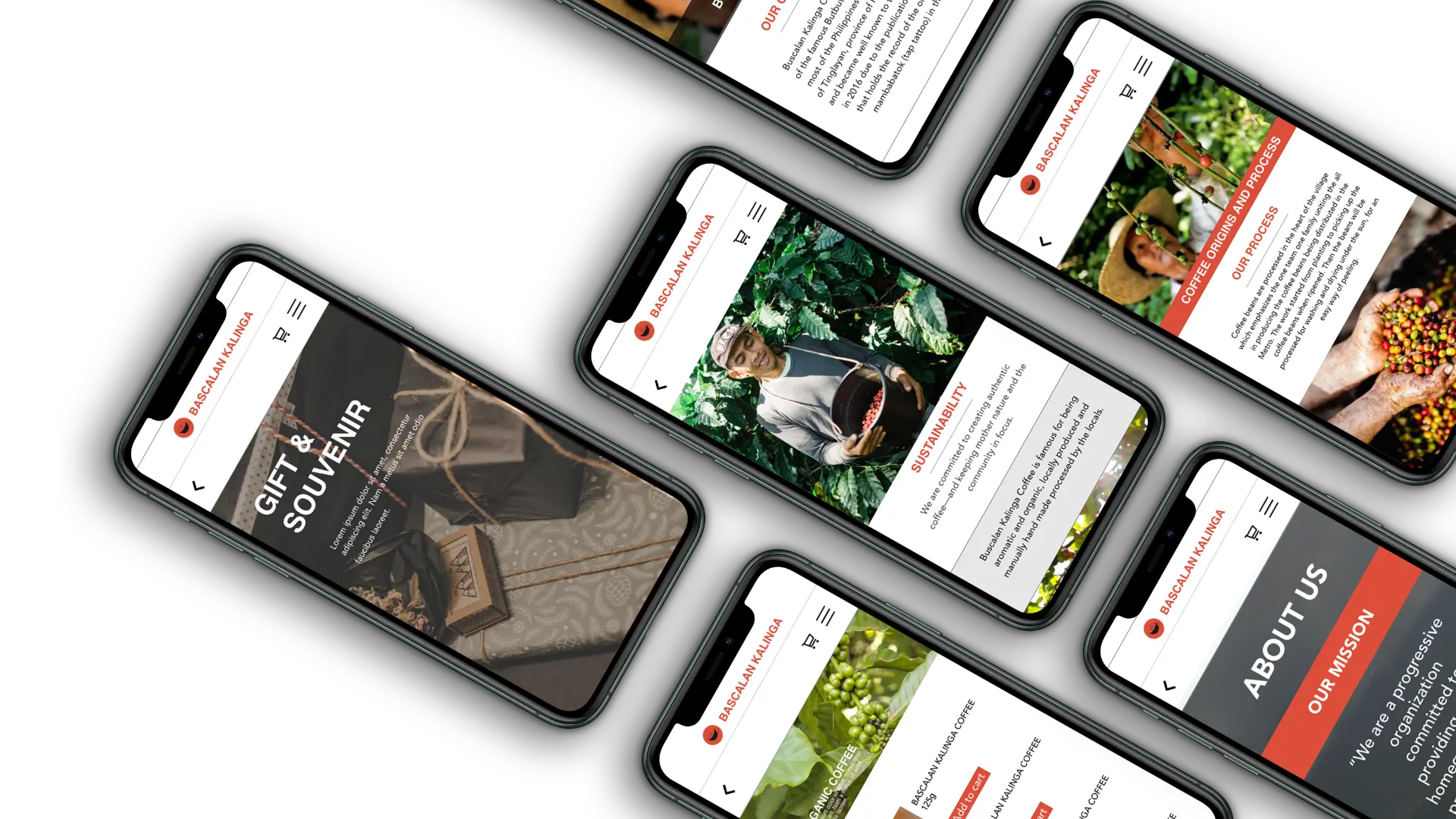 Buscalan Kalinga mobile website screens inside floating iPhone frames on a black background, showing gift and souvenir, sustainability, coffee origins, product and about pages