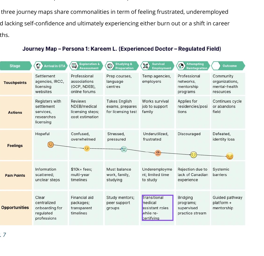 Journey map for an experienced doctor in a regulated field across arrival, exploration, preparation, survival employment, and reintegration stages