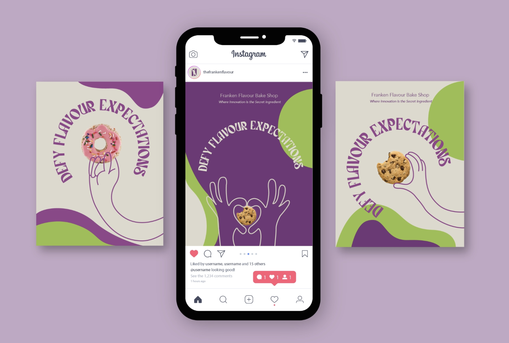 Franken Flavour Instagram posts with Defy Flavour Expectations artwork on a phone frame