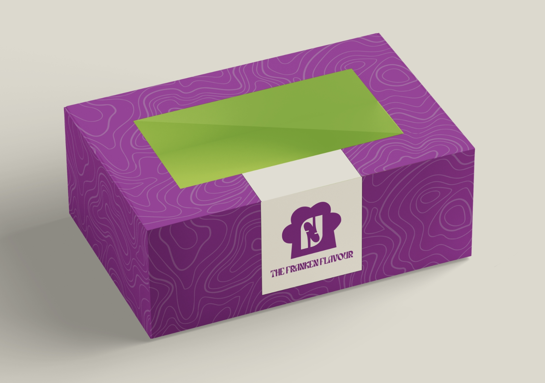 Purple patterned Franken Flavour cookie box with logo belly band and green interior