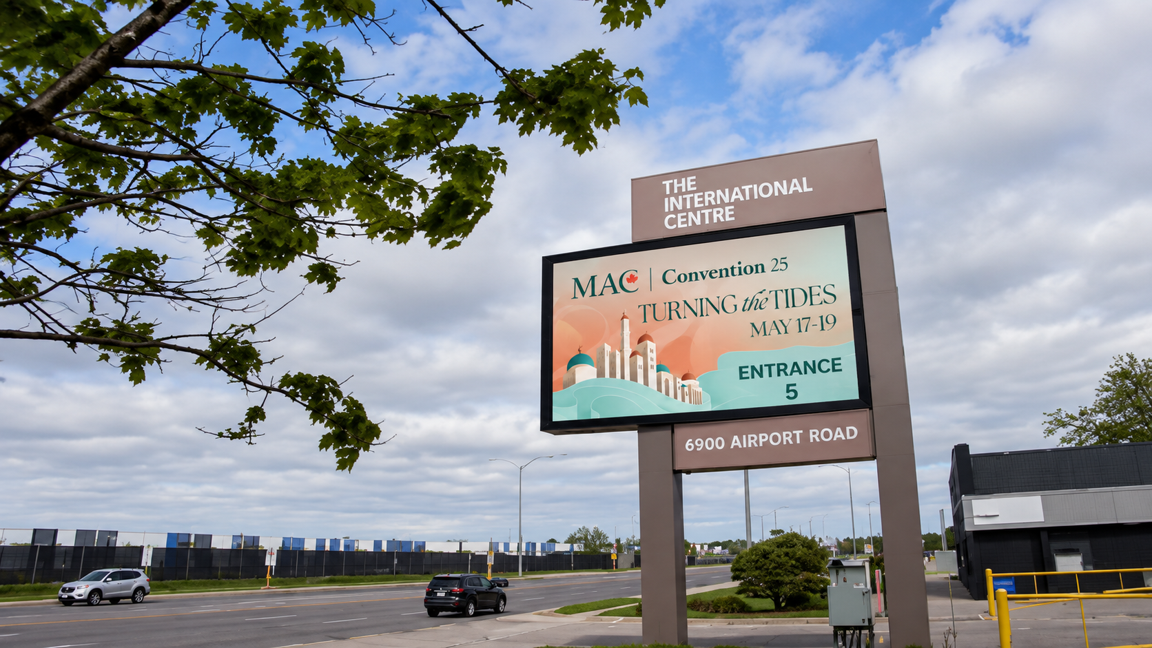 MAC Convention Turning the Tides billboard at The International Centre entrance