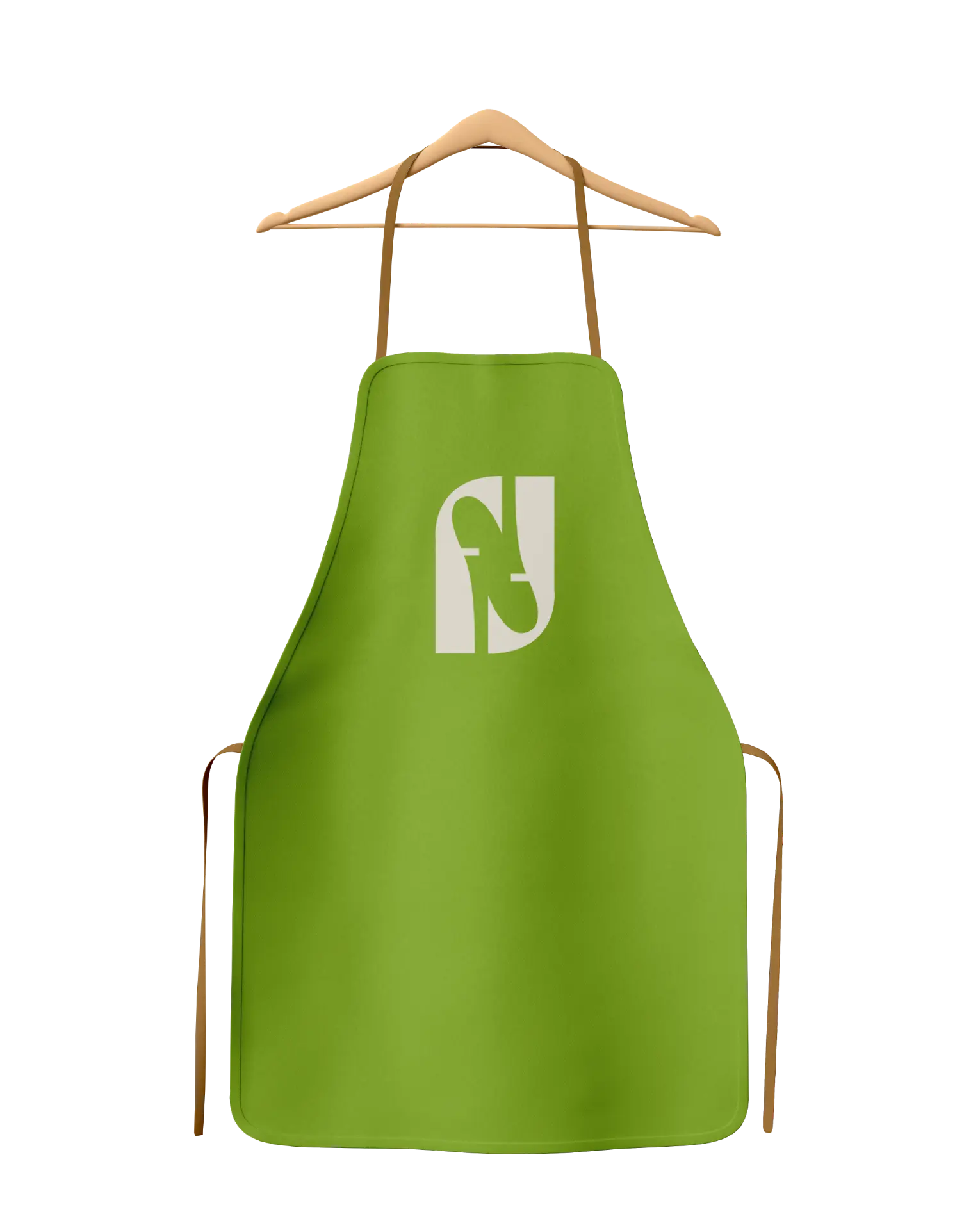 Green Franken Flavour apron on a hanger with cream monogram logo