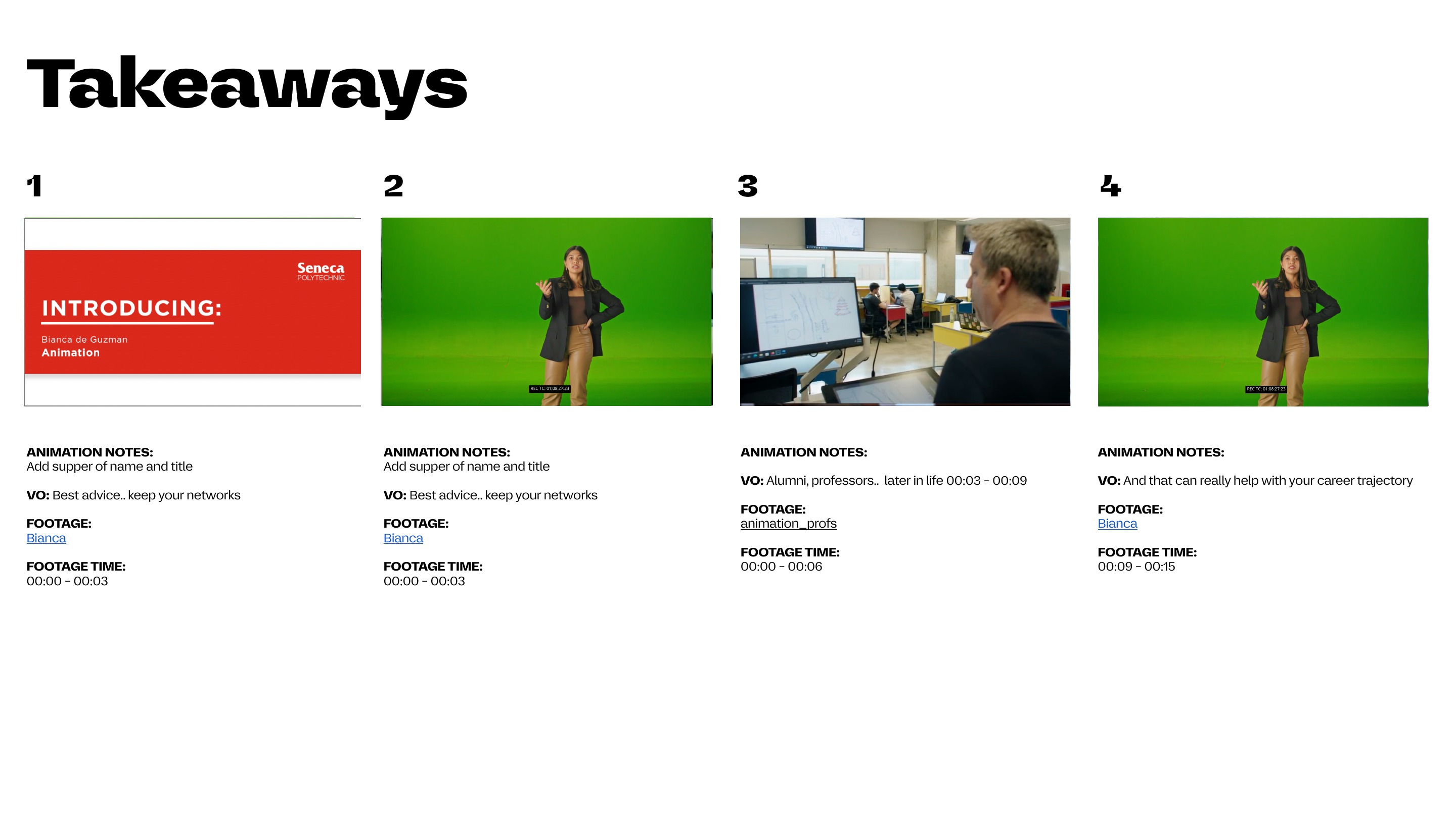 Why Seneca? storyboard page with frames, animation notes, voiceover, footage and timing