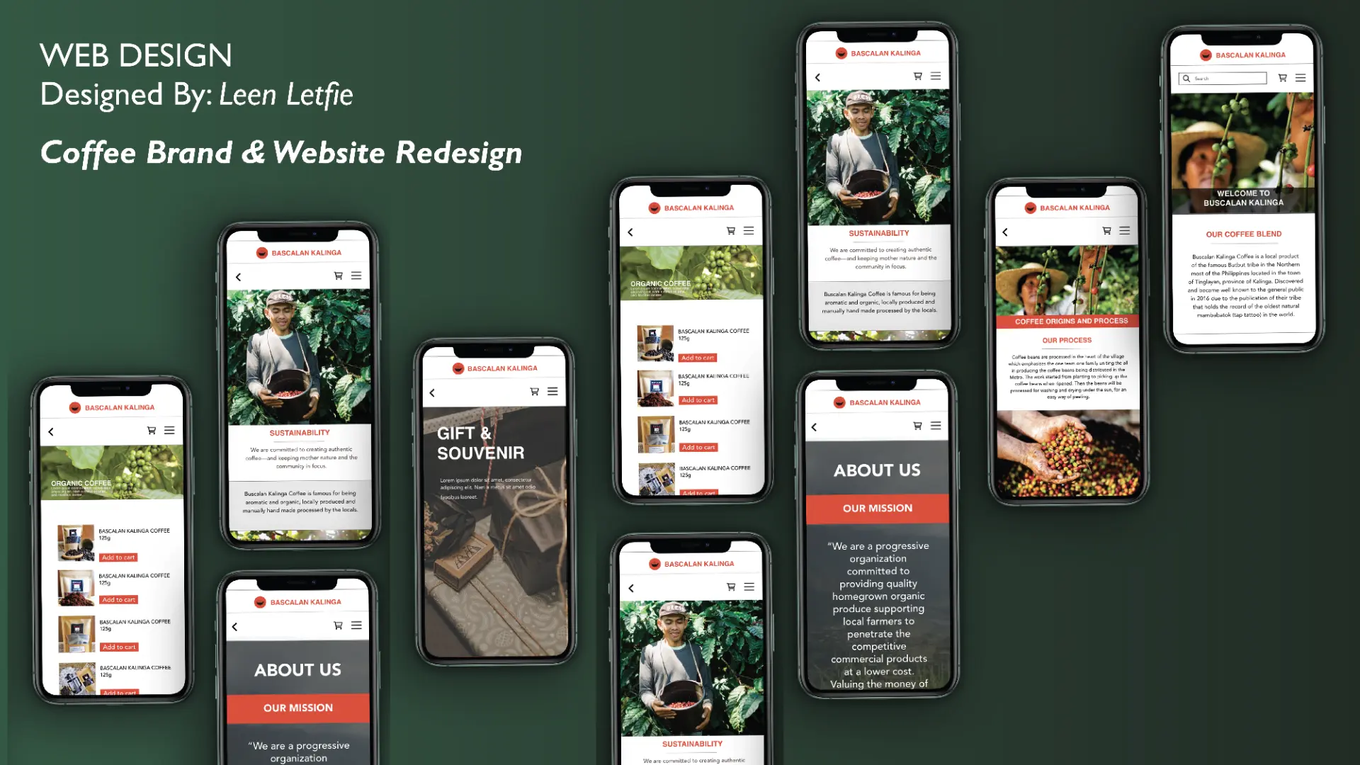 Buscalan Kalinga mobile website pages shown on eight phone screens against a deep green background